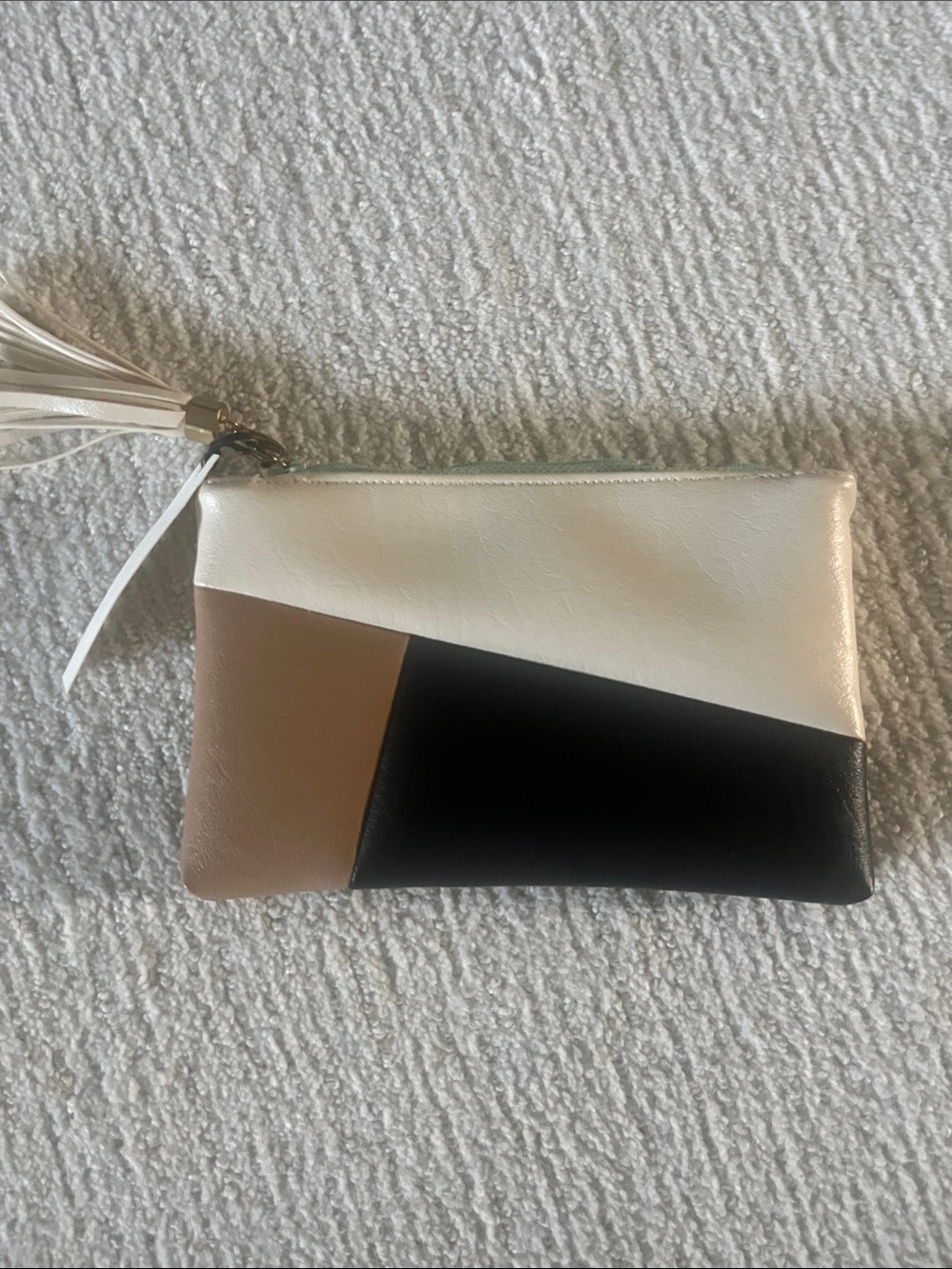 Colorblock Leather Wristlet Pouch in White, Black & Tan